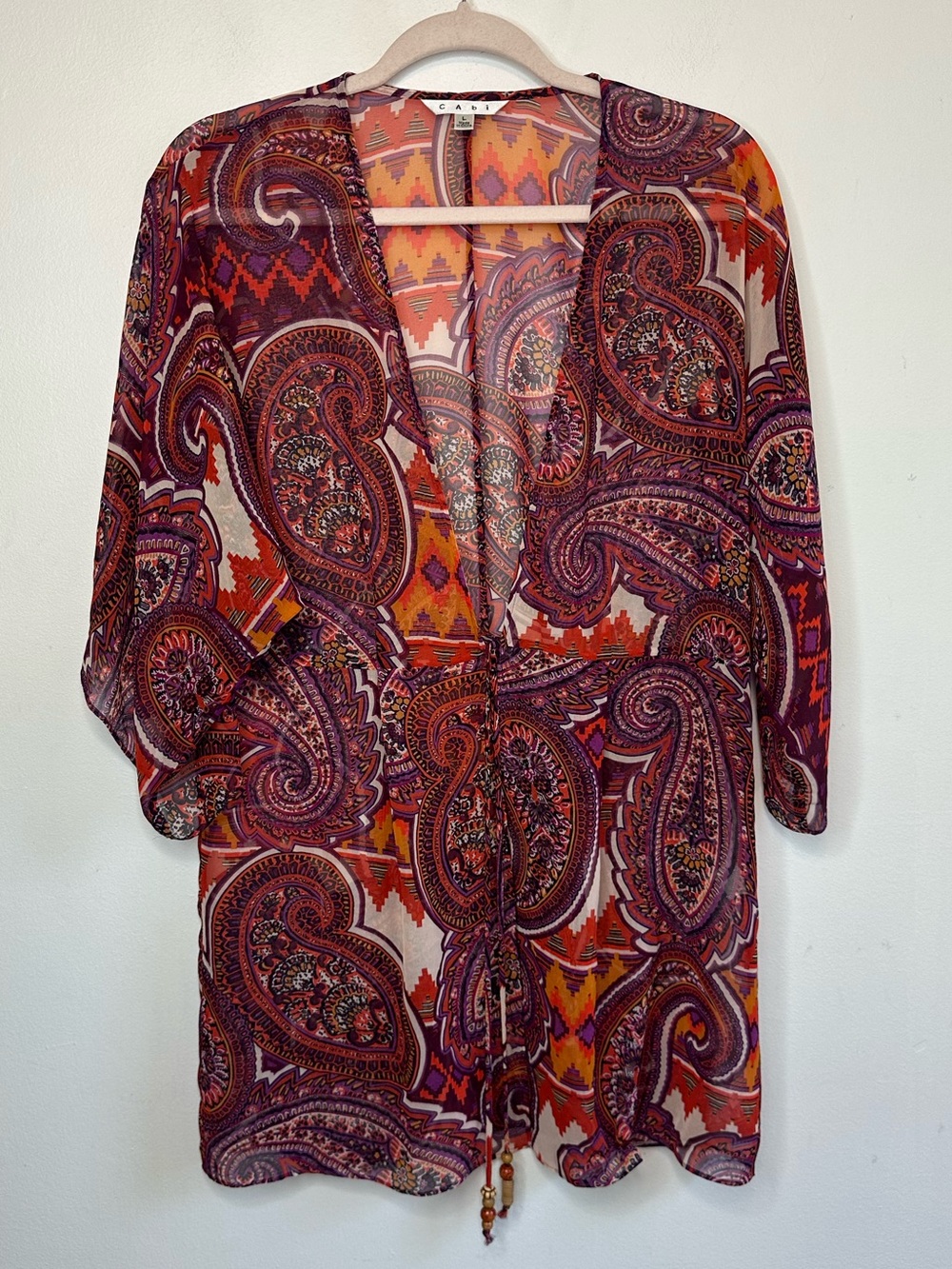 Cabi Swim Suit Cover Up Boho Sheer Kimono Top Beaded Paisley Pattern L Large